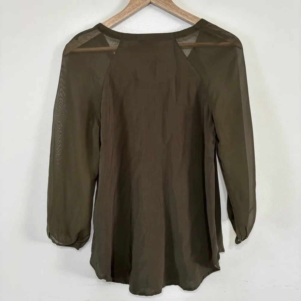 Express Forest Green Lace Up Sheer Sleeve Blouse Size XS